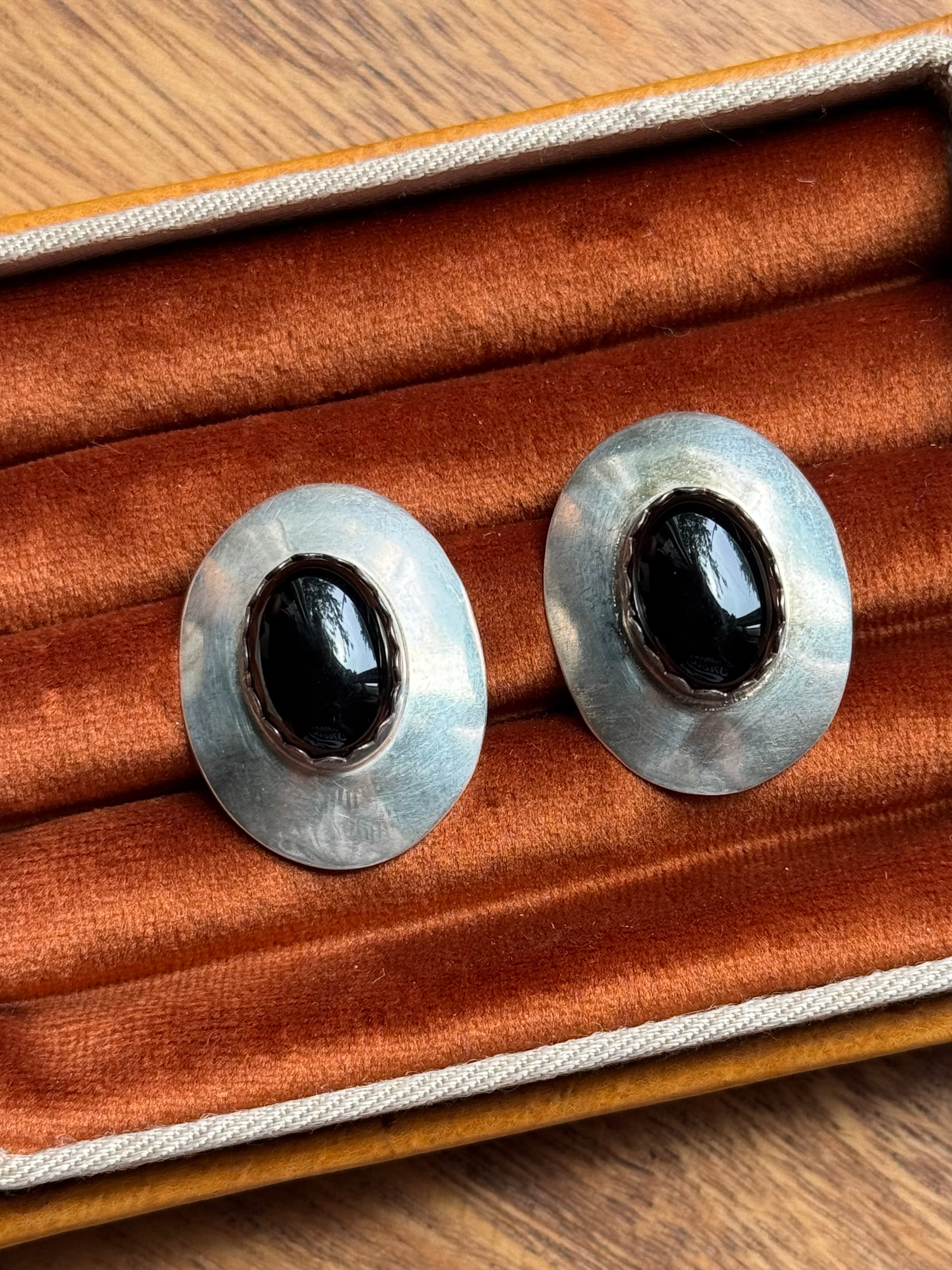 Vintage Sterling Silver Modernist Onyx Earrings