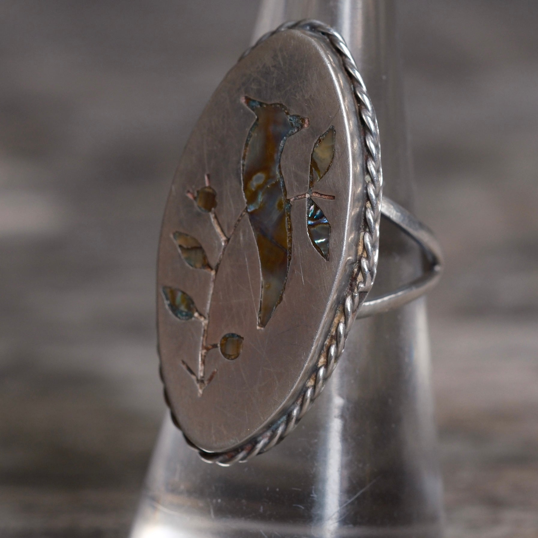 Vintage Sterling Abalone Inlay Bird Ring 6.75