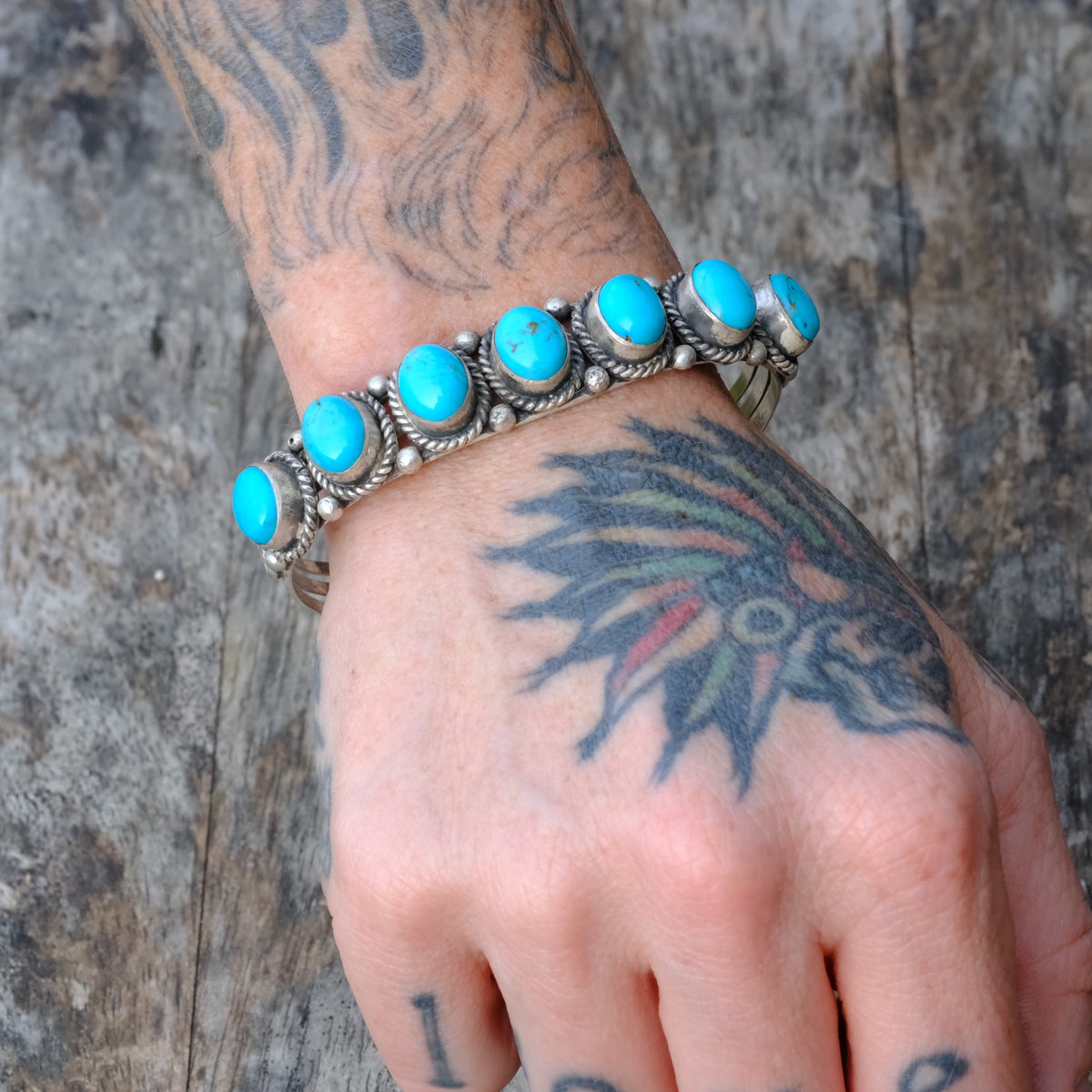 Vintage Sterling 7-Stone Turquoise Cuff Bracelet Running Bear