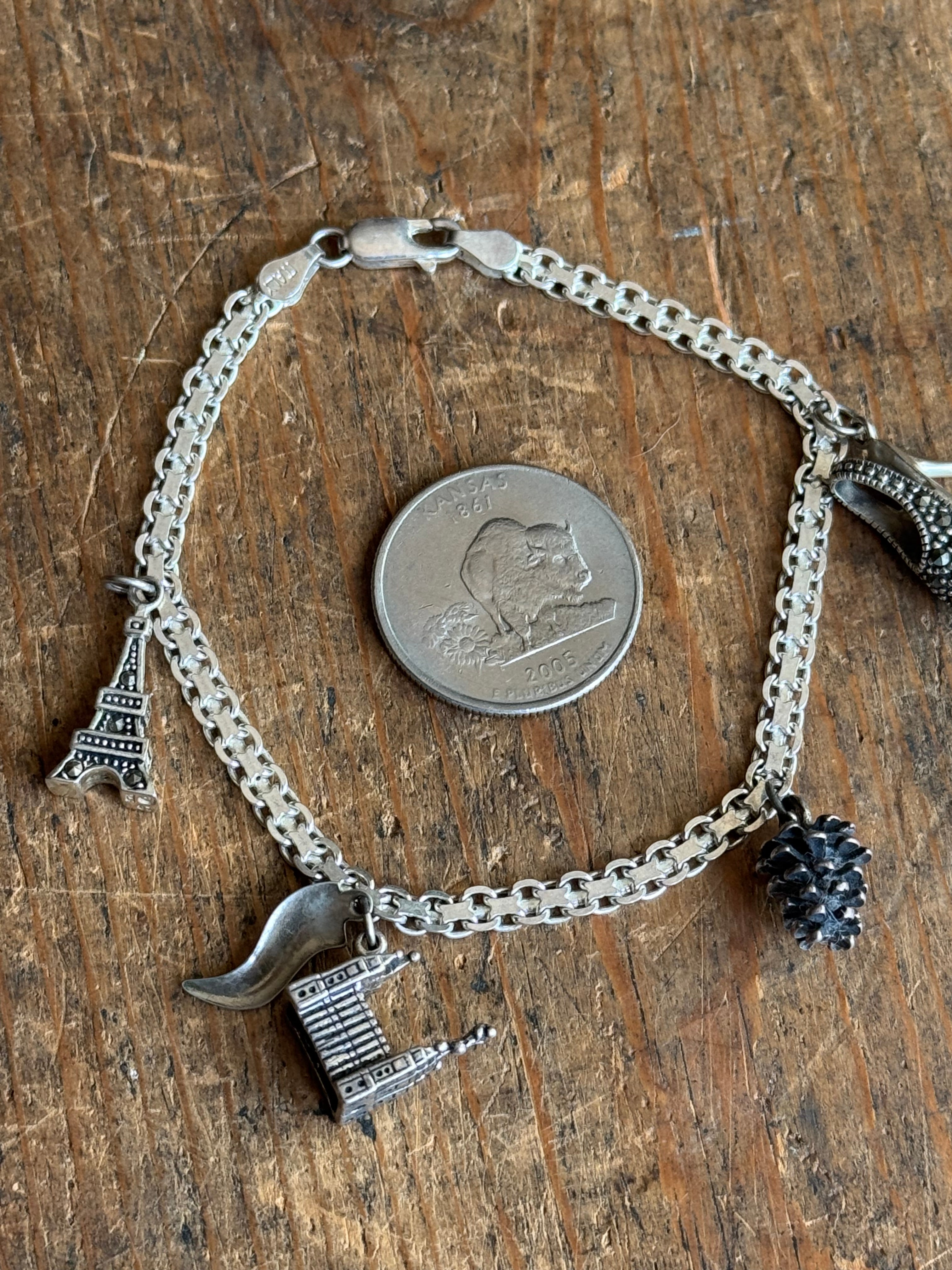 Vintage Sterling Silver 8” Bismarck Chain Charm Bracelet