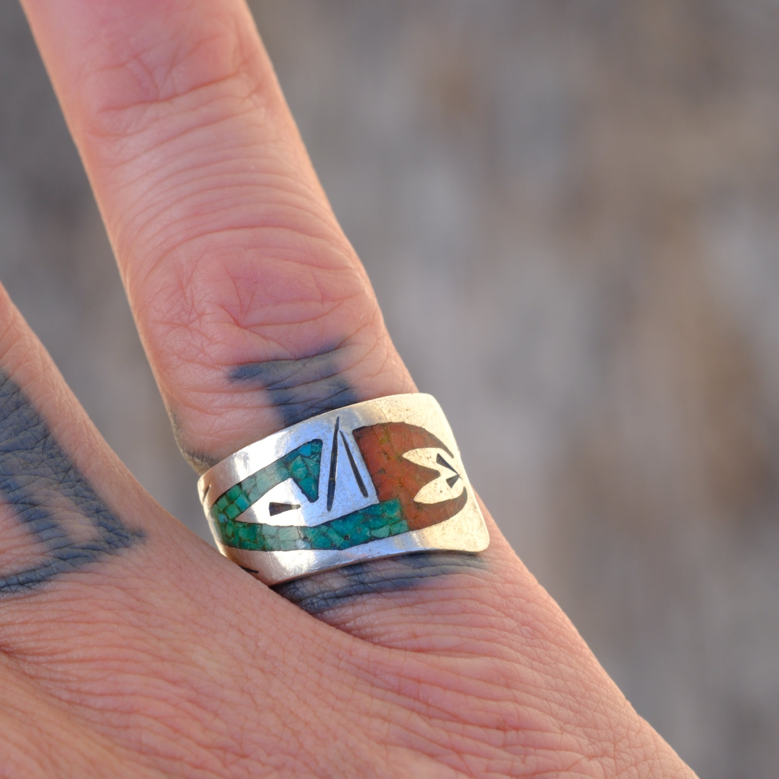 Vintage Sterling Turquoise and Coral Inlay Ring 6.25