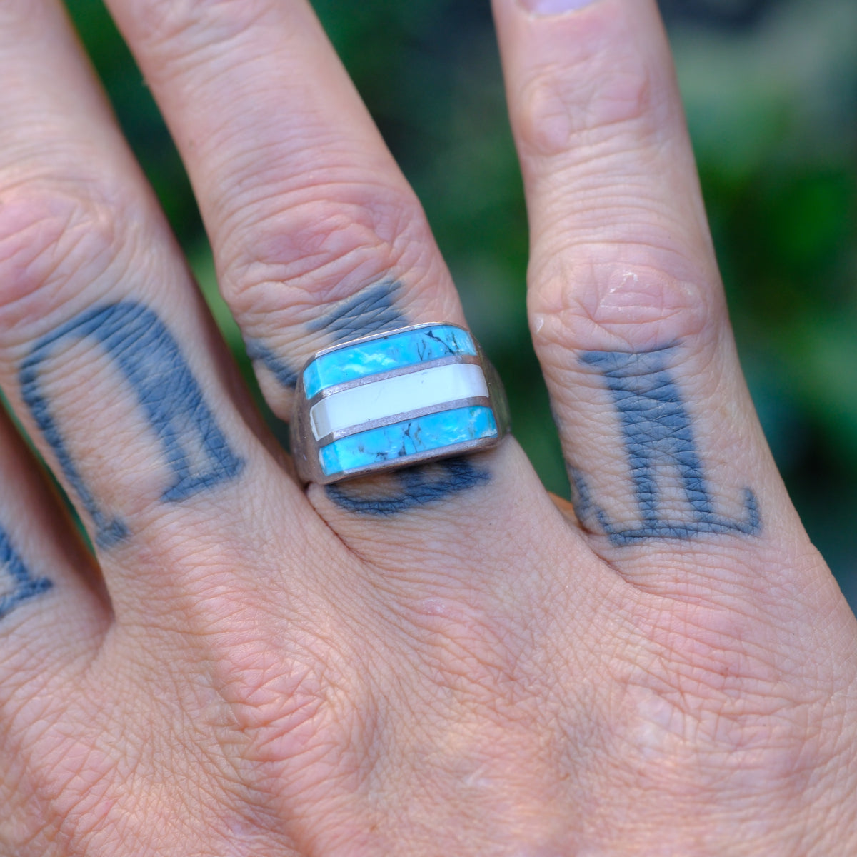 Vintage Sterling Turquoise and Mother Of Pearl Inlay Ring 8.75
