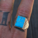 Vintage Sterling Turquoise Inlay Ribbed Band Ring 11