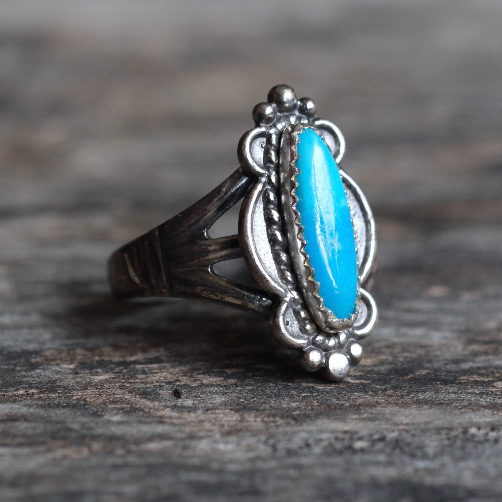 Vintage Sterling Turquoise Florette Ring 7
