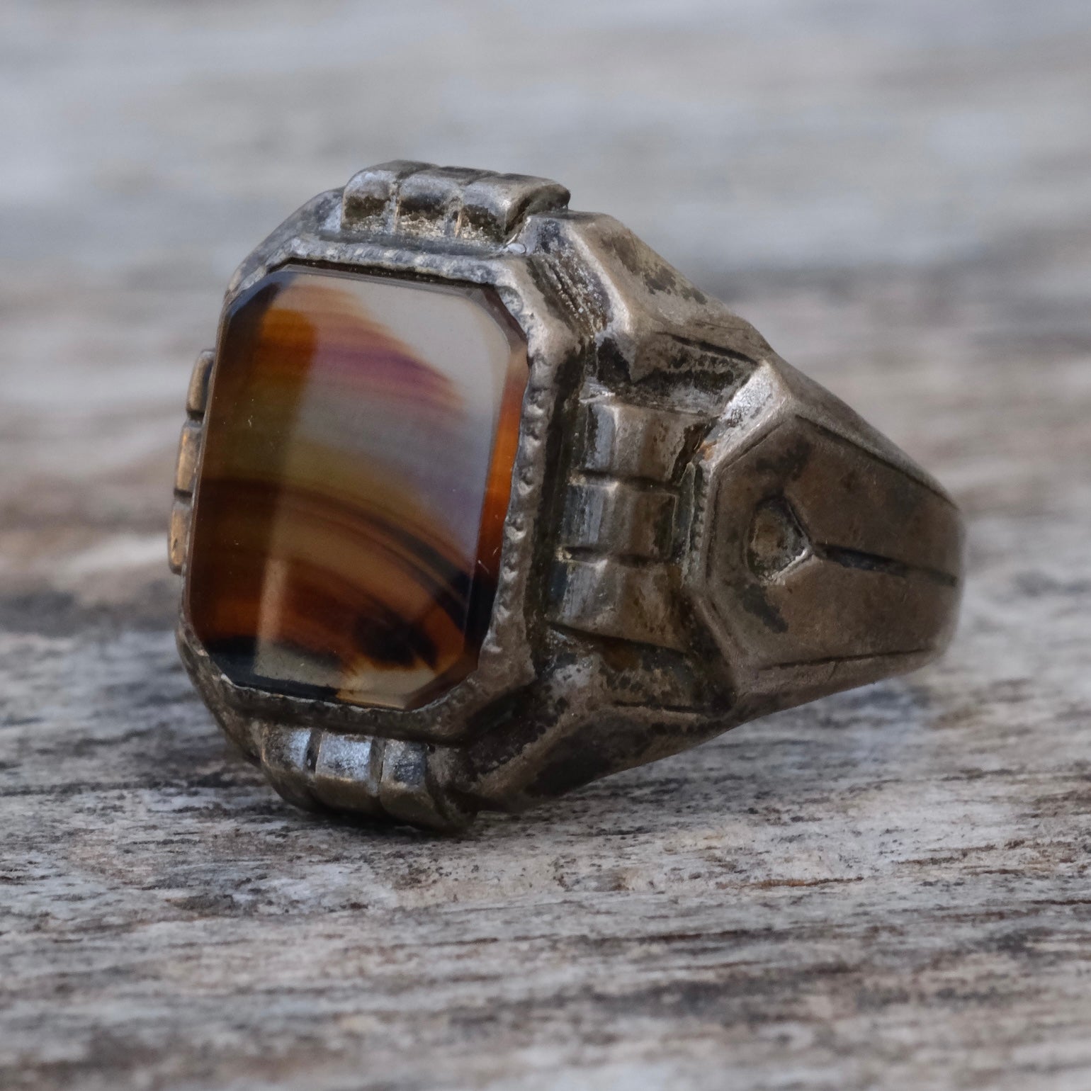 Vintage Sterling Agate Signet Ring 8.25