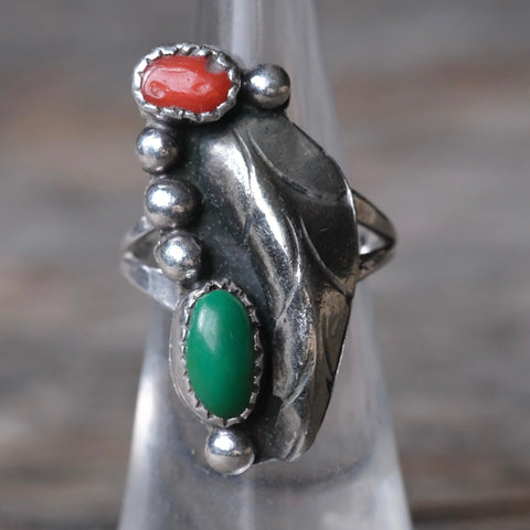 Vintage Sterling Turquoise and Coral Feather Ring 5