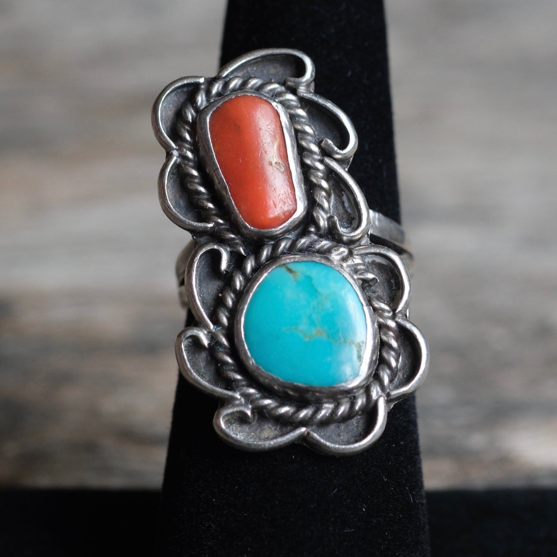 Vintage Sterling Turquoise and Coral Ring 6.25