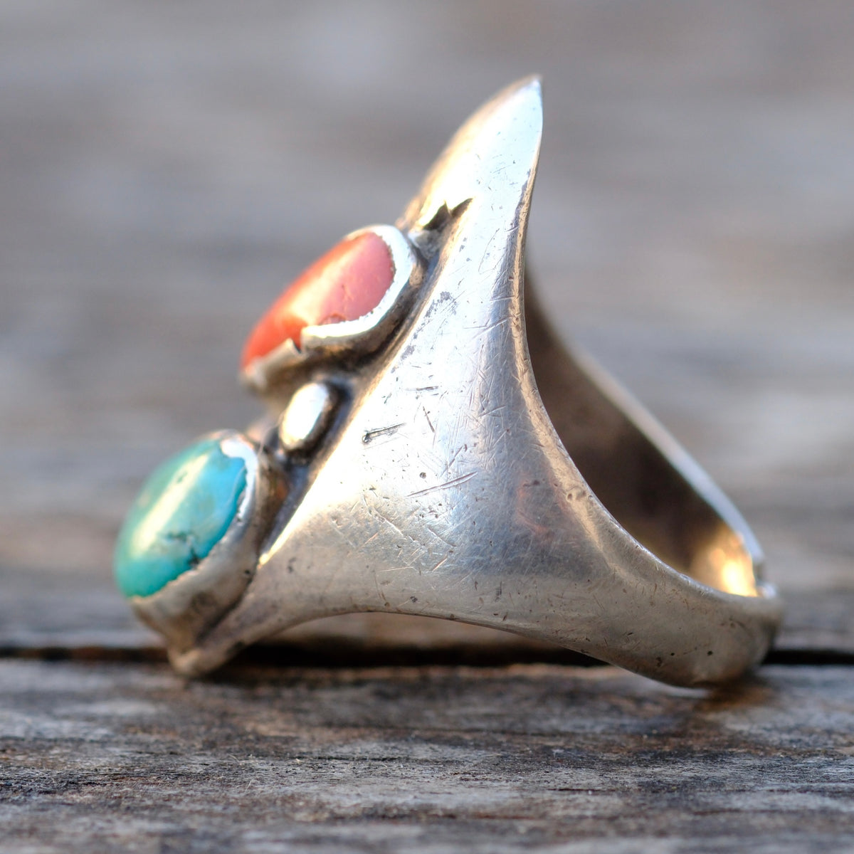 Vintage Sterling Turquoise and Coral Ring 10