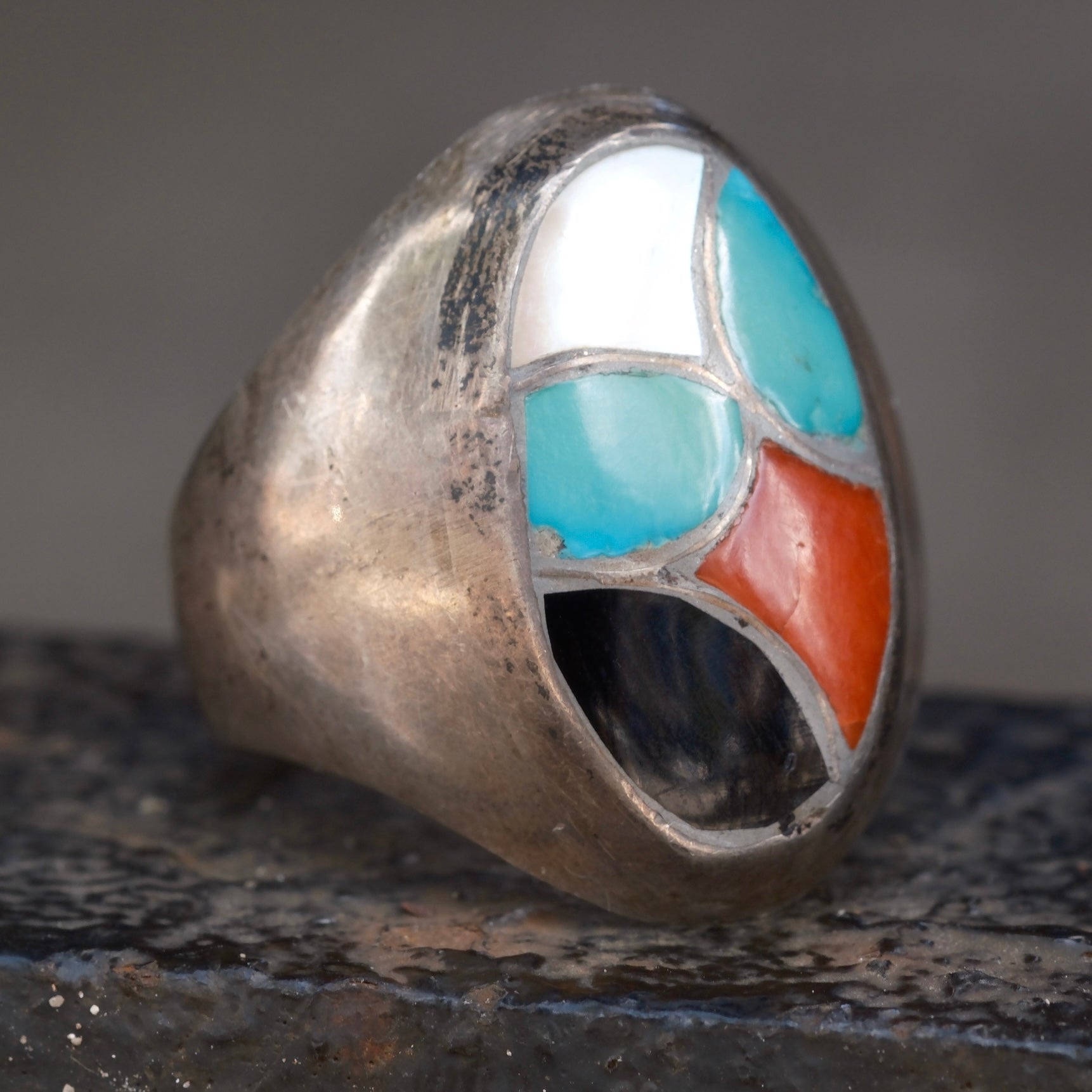 Vintage Sterling Multistone Inlay Fish Scale Ring 12