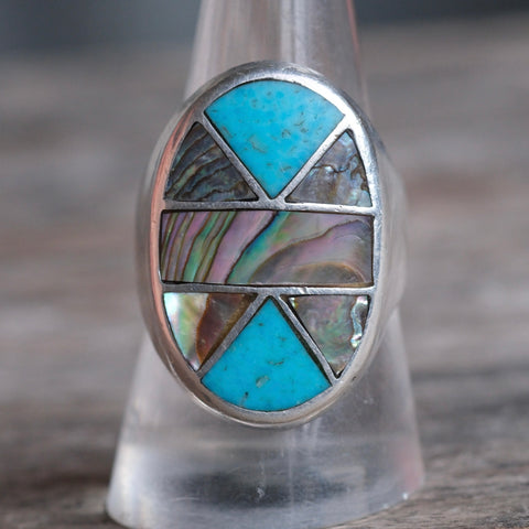 Vintage Sterling Abalone and Turquoise Inlay Ring 9.5