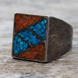 Vintage Sterling Crushed Turquoise and Coral Inlay Ring 10