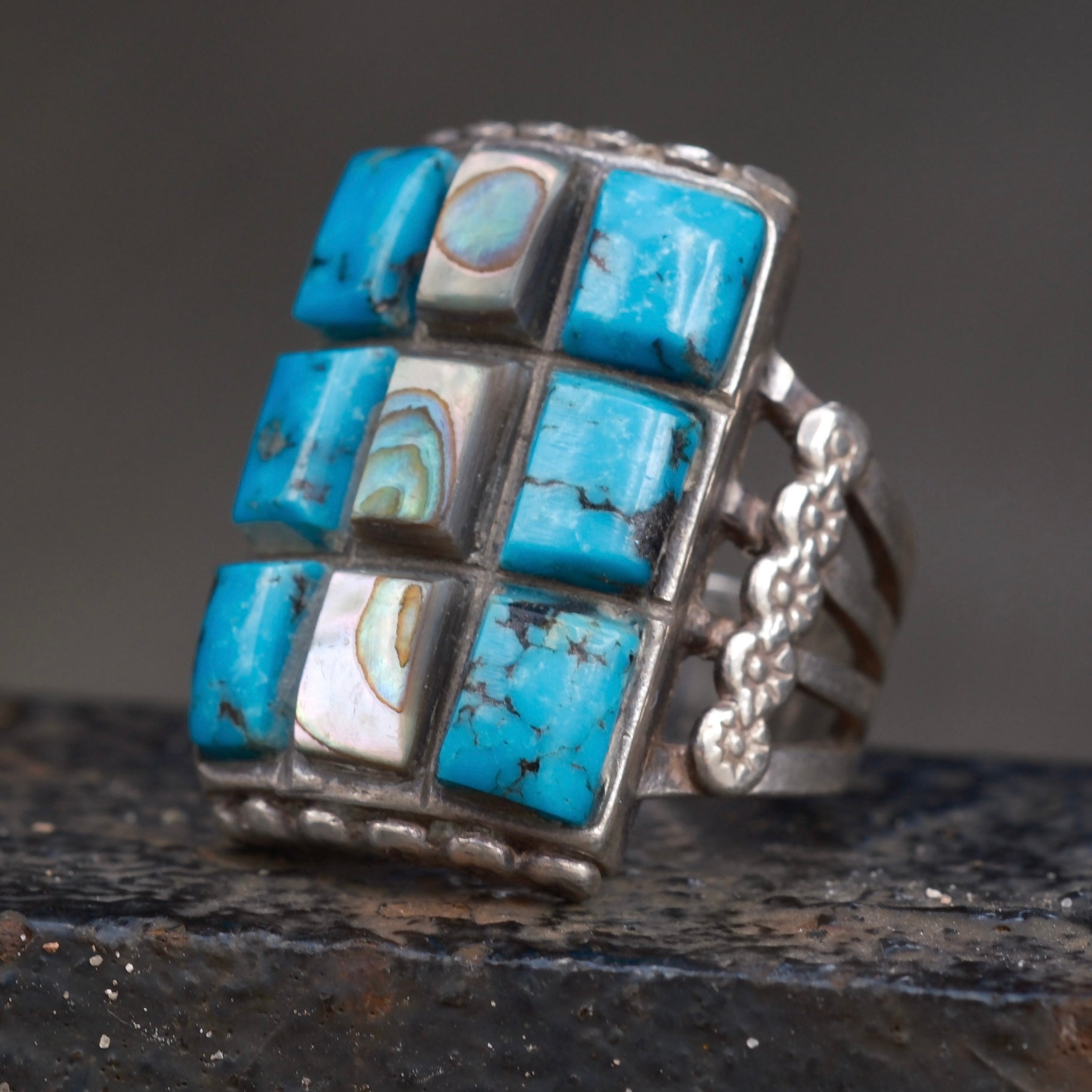 Vintage Sterling Turquoise and Abalone Inlay Panel Ring 9