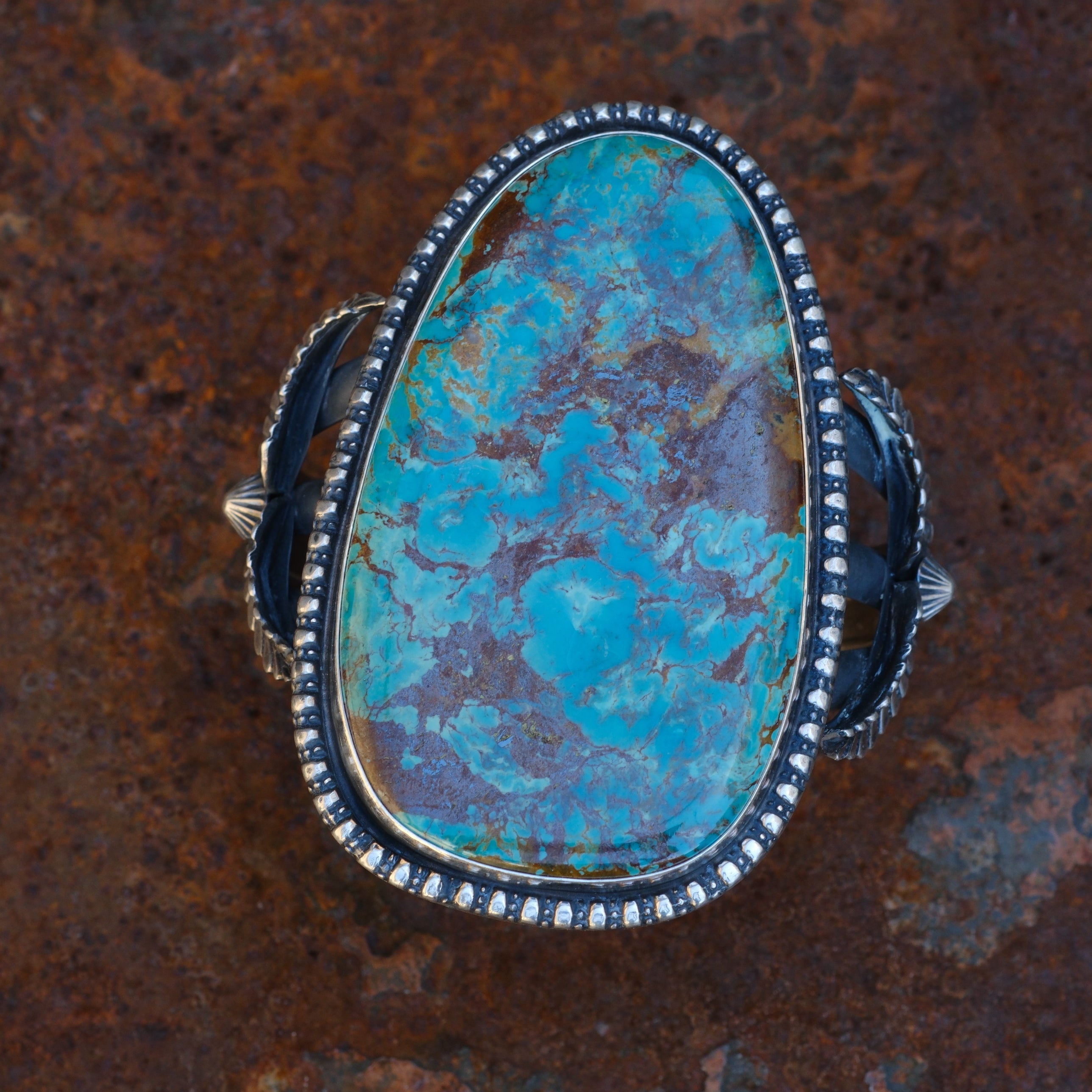 HUGE Vintage Sterling Turquoise Feather Cuff Bracelet