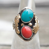 Vintage Sterling Turquoise and Coral Ring 6.25