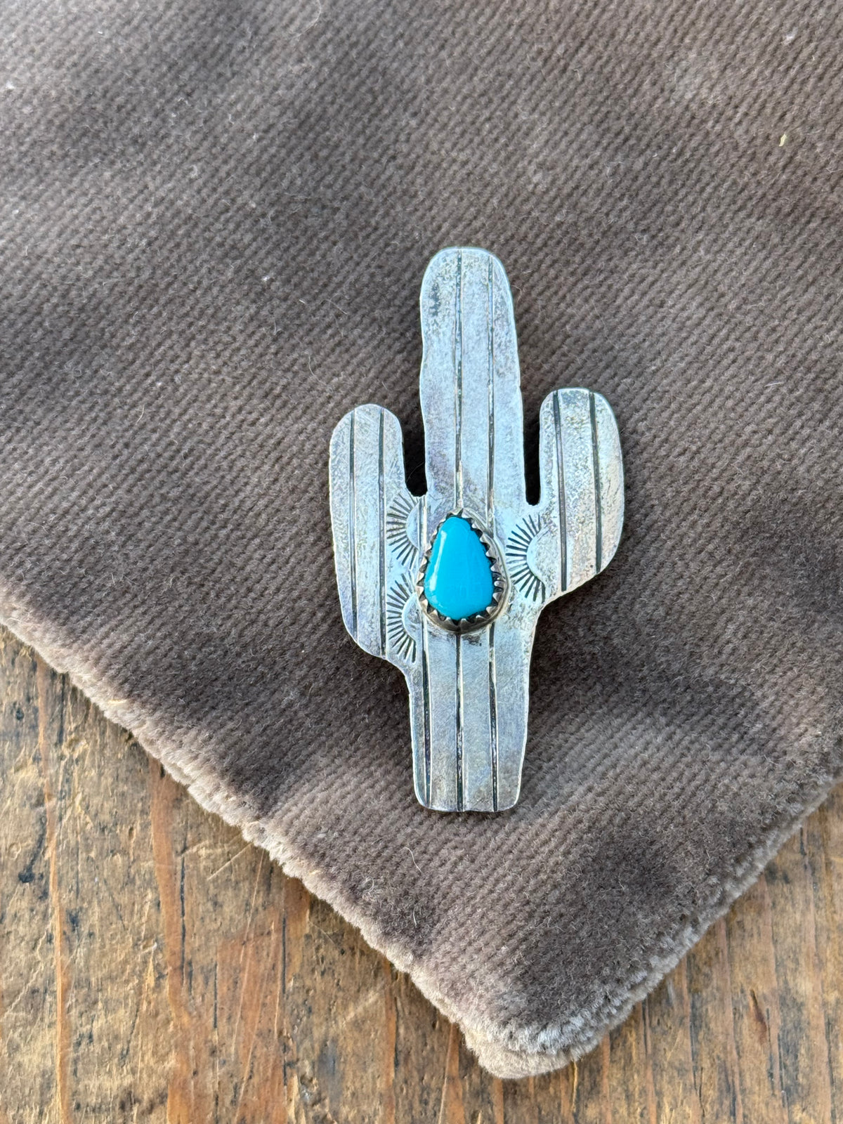 Vintage Sterling Silver Turquoise Cactus Pin
