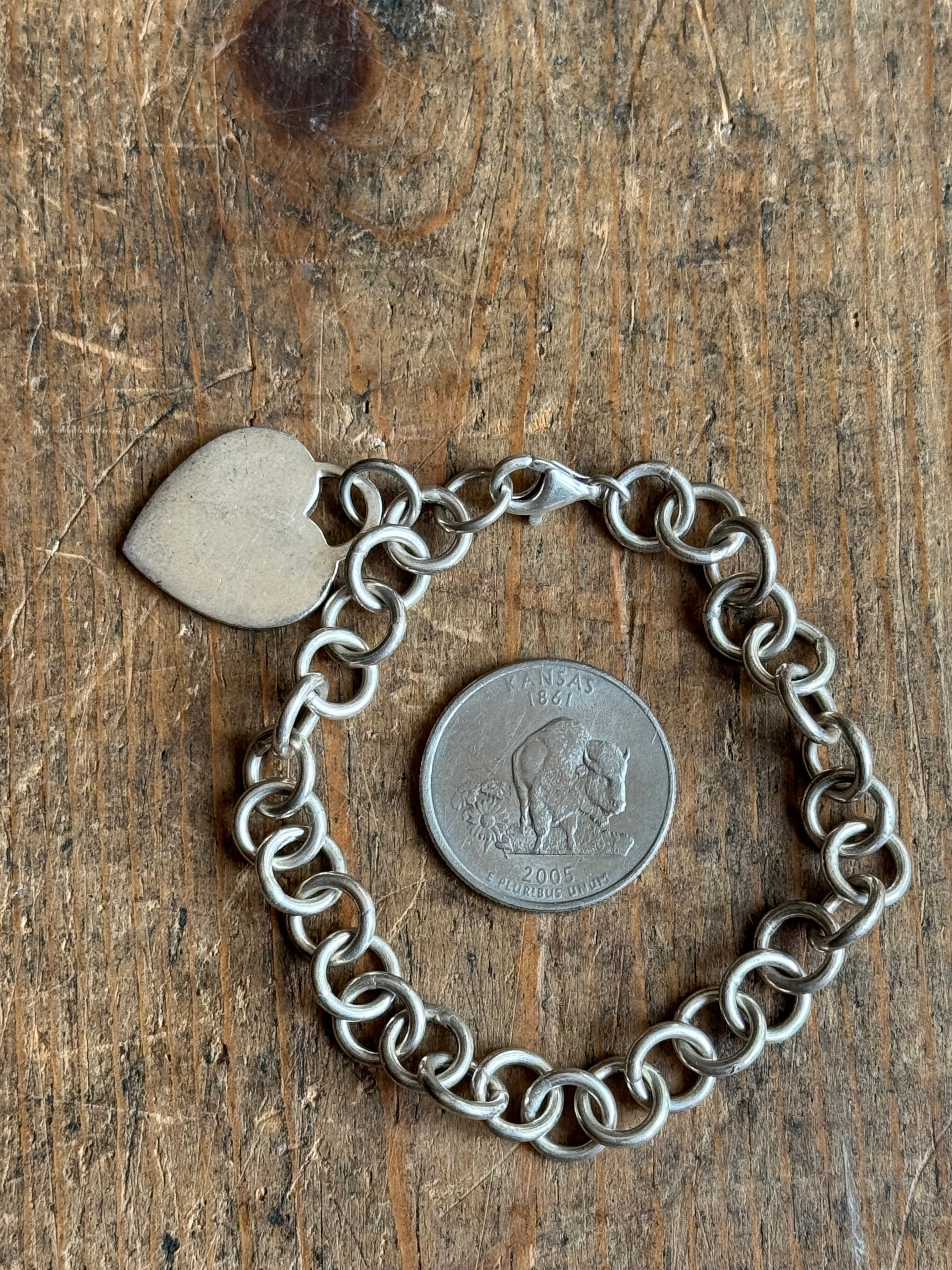 Vintage Sterling Silver 7” Cable Link Heart Tag Bracelet