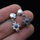 Vintage Sterling Lapis Cross Earrings