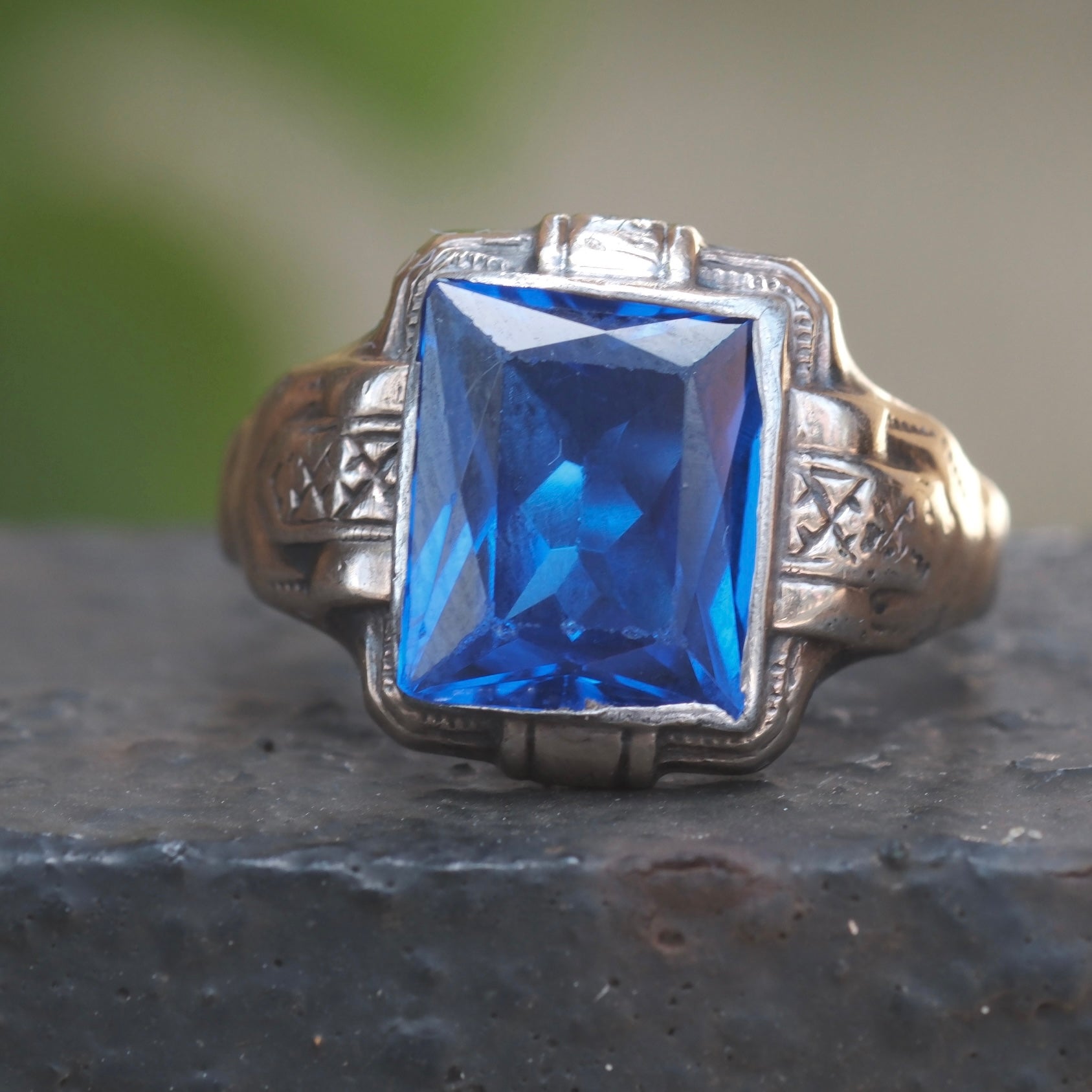 Vintage Sterling Blue Glass Signet Ring 10.25