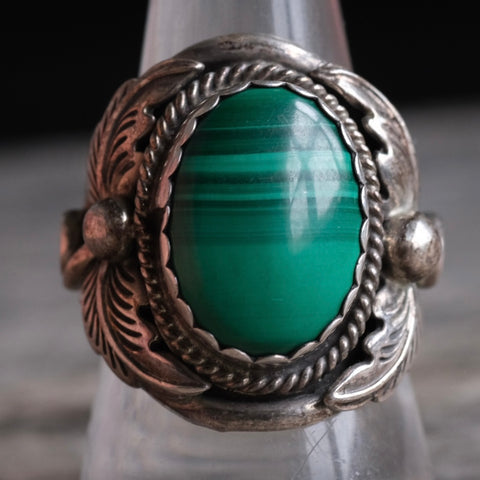 Vintage Sterling Malachite Feather Ring 9.5