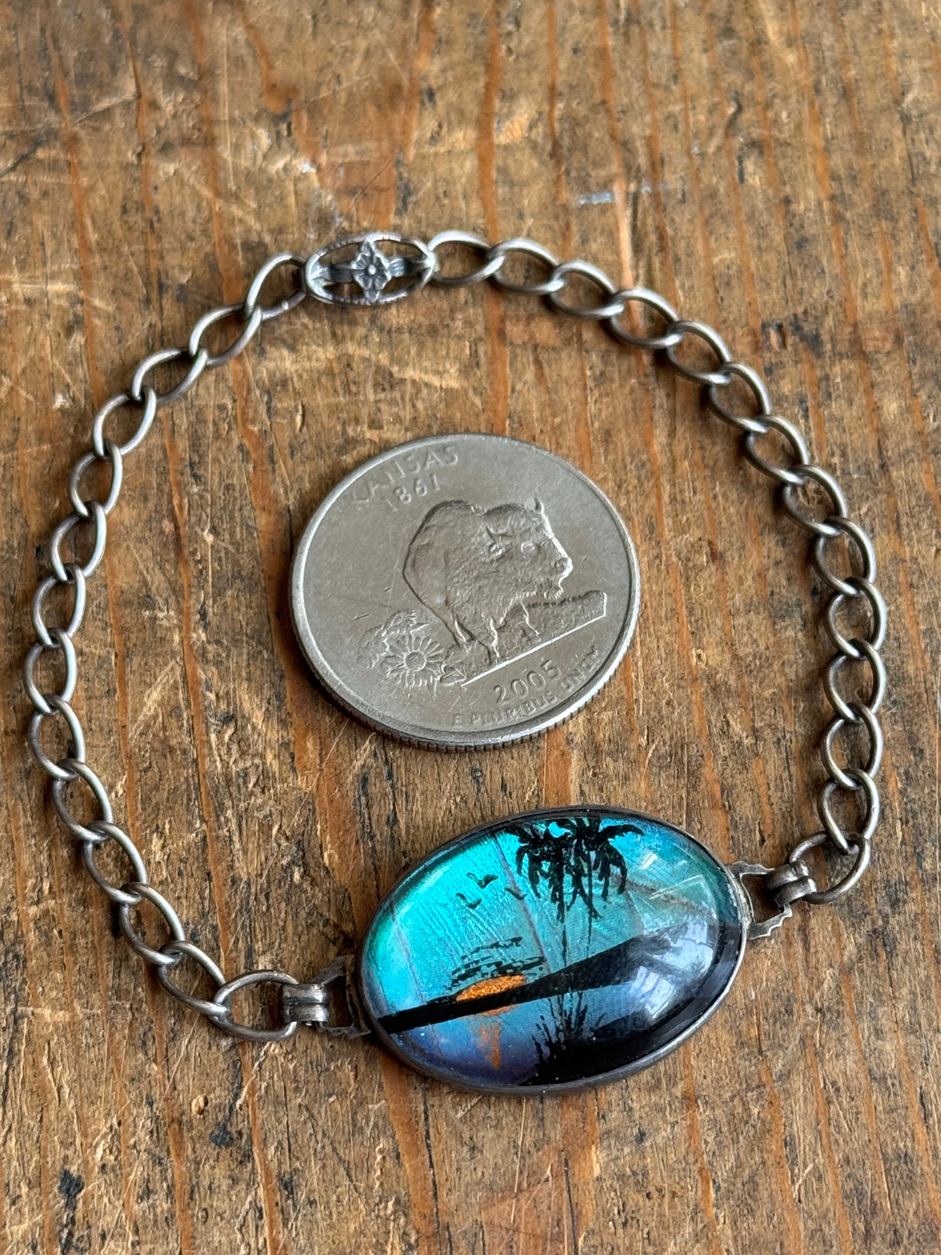 Vintage Sterling Silver 7” Butterfly Wing Palm Tree Bracelet