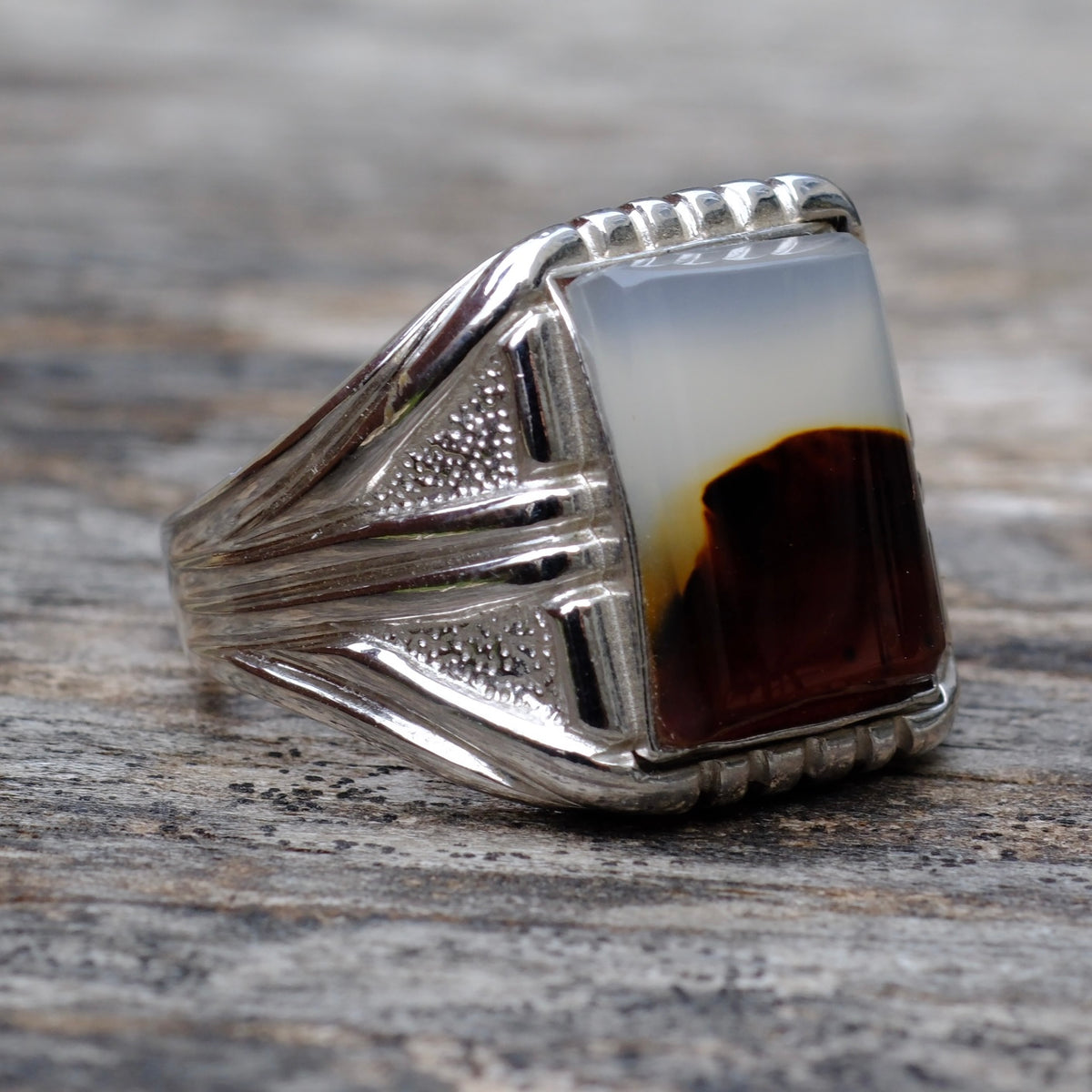 Vintage Sterling Agate Signet Ring 9.75
