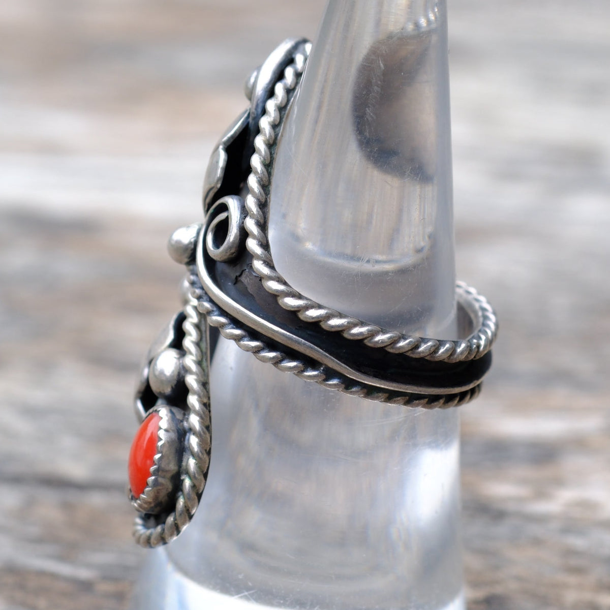 Vintage Sterling Turquoise and Coral Overpass Ring 6.5