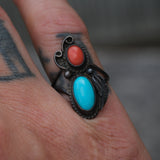 Vintage Sterling Turquoise and Coral Feather Ring 6.5