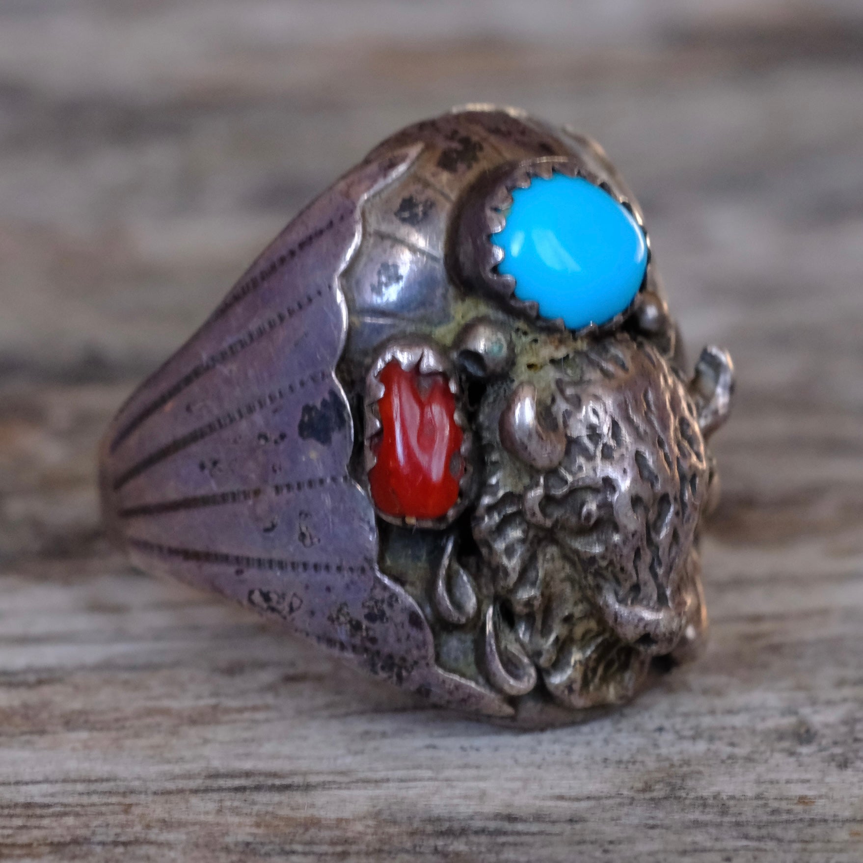 Vintage Sterling Turquoise and Coral Buffalo Ring 8.75