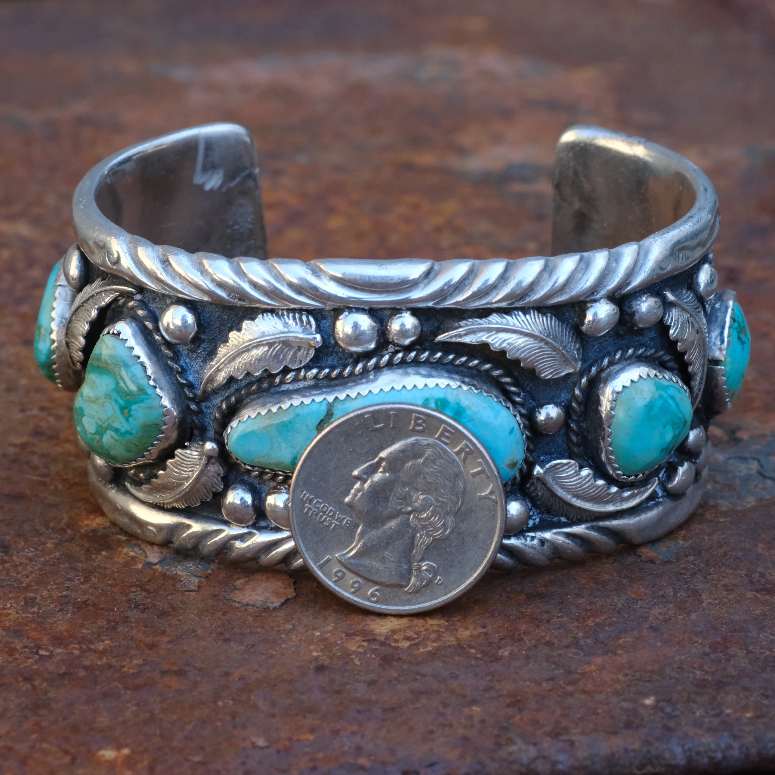 Huge Vintage Sterling 5-Stone Turquoise Feather Cuff Bracelet