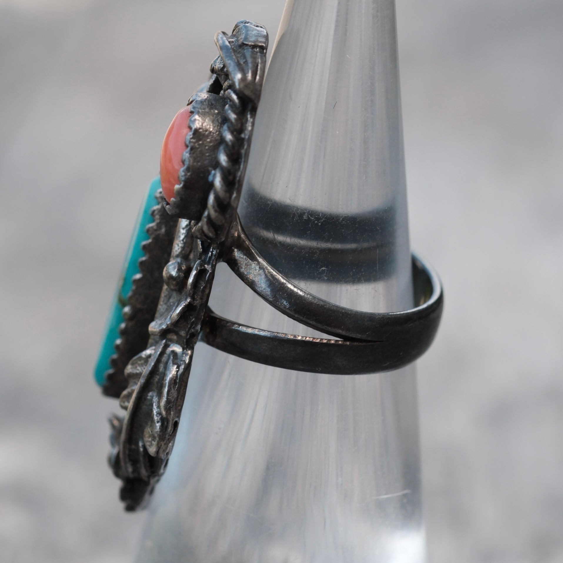 Vintage Sterling Turquoise and Coral Feather Ring 4