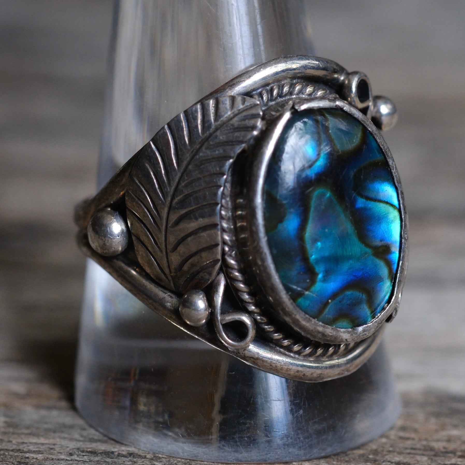 Vintage Sterling Blue Abalone Feather Ring 11.5