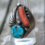 Vintage Sterling Turquoise and Coral Feather Ring 10.5