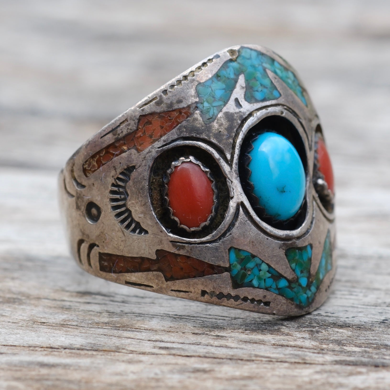 Vintage Sterling Turquoise and Coral Inlay Ring 10.5
