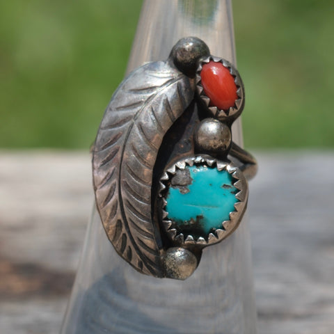 Vintage Sterling Turquoise and Coral Feather Ring 5.75