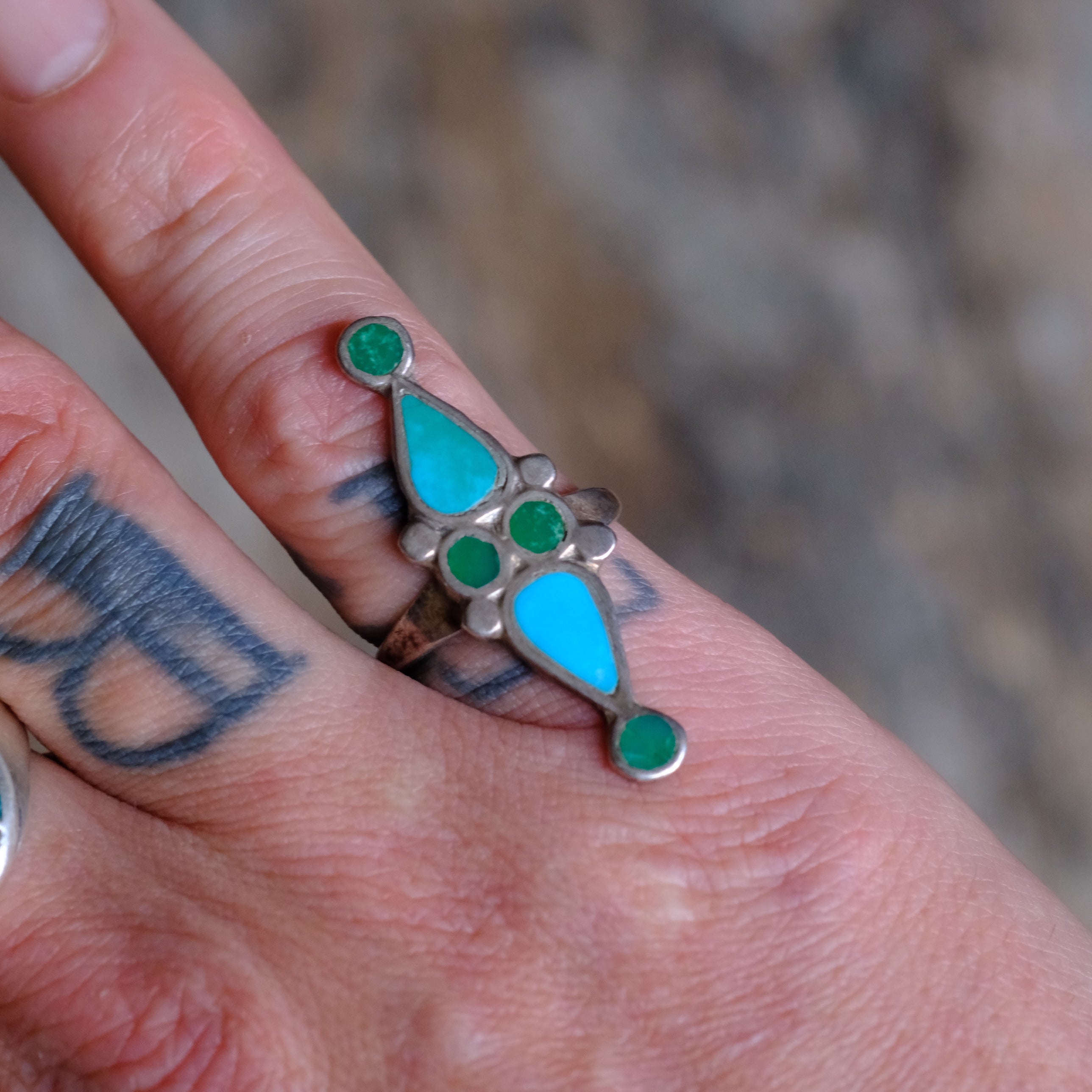 Vintage Sterling Zuni Inlay Turquoise Ring 7.75