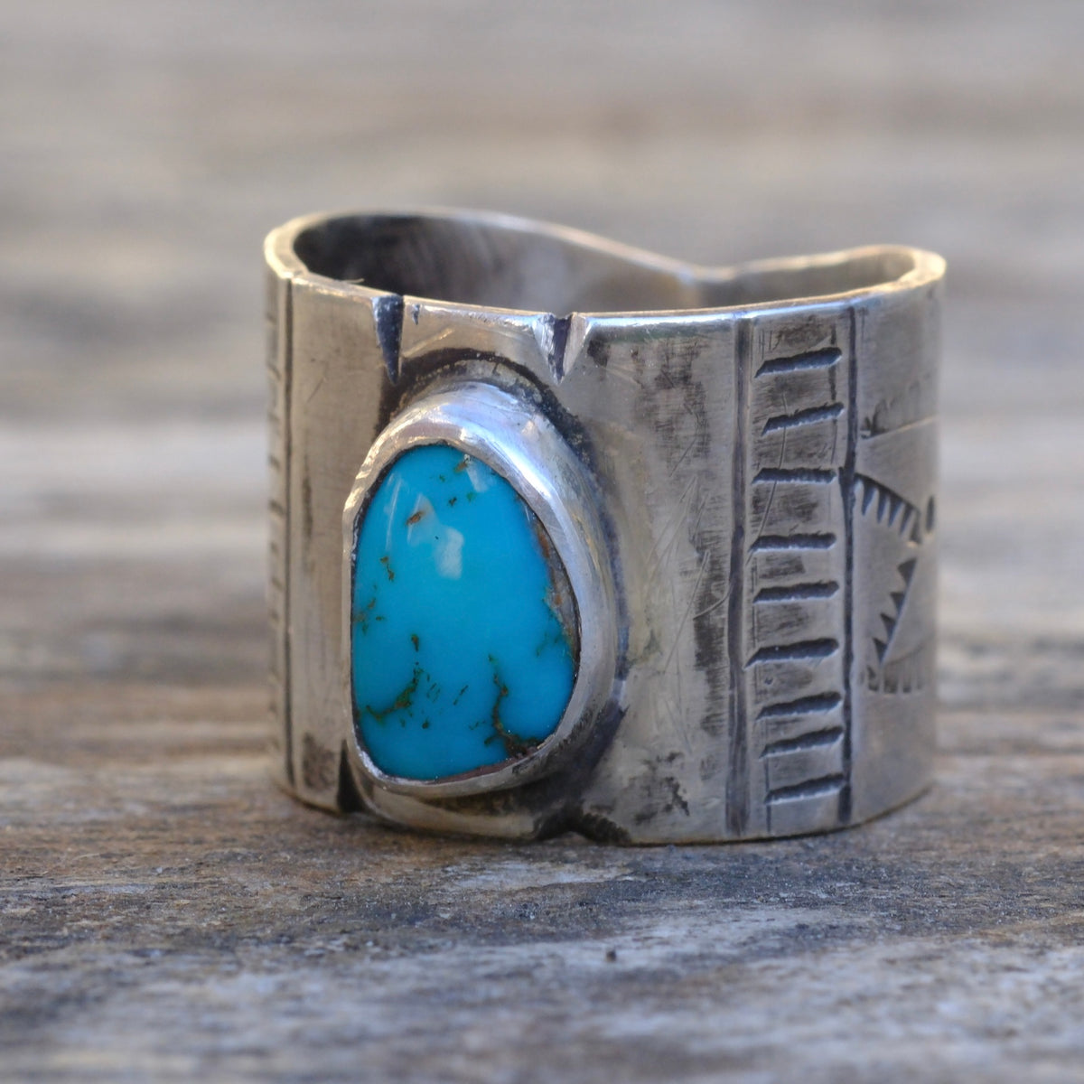Sterling Silver Pilot Mountain Turquoise Stamped Ring 8.25