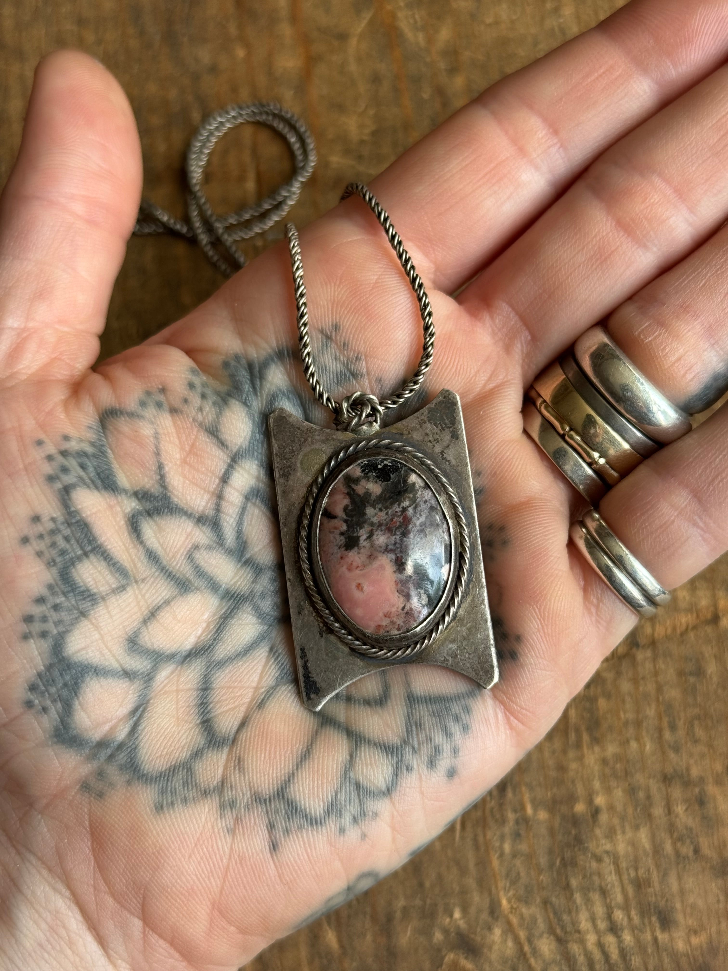 Vintage Sterling Silver Rhodonite Shield Necklace