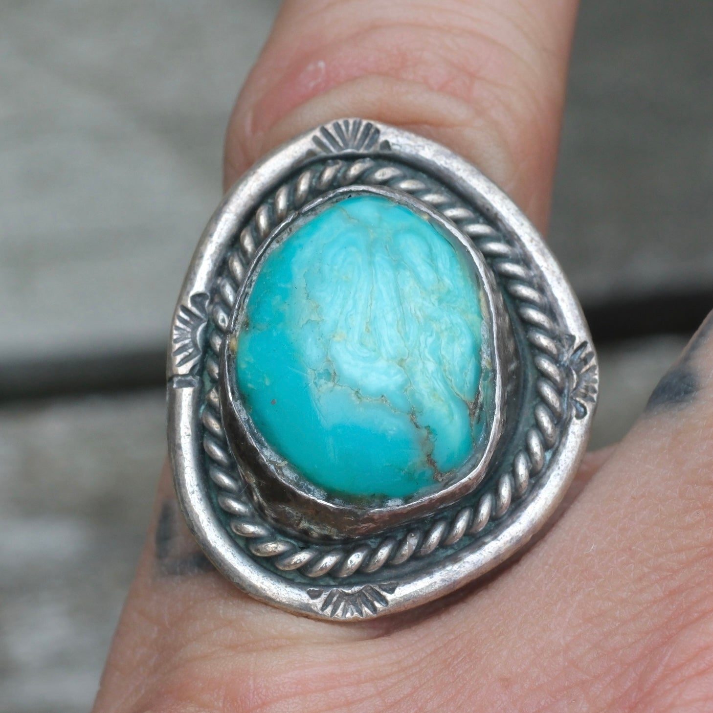 Vintage Sterling Turquoise Roper Ring 4