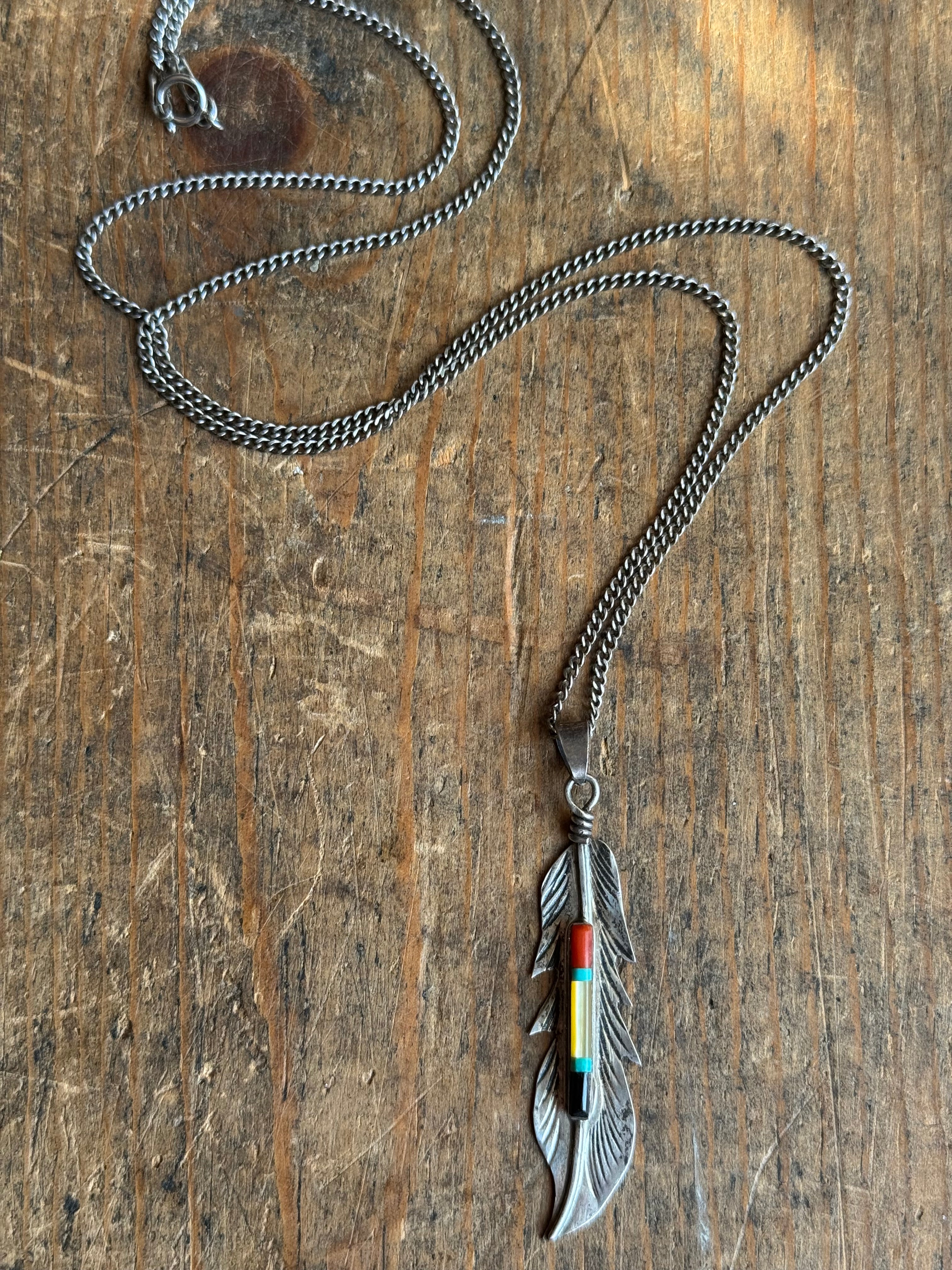 Vintage Sterling Silver Multistone Inlay Feather 20" Necklace
