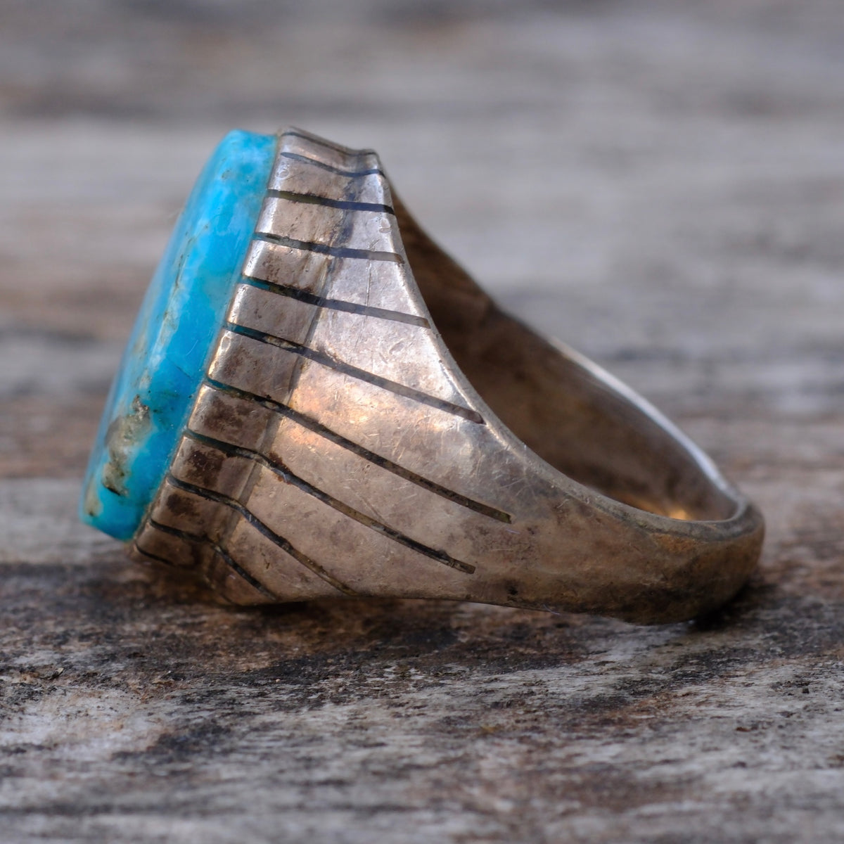 Vintage Sterling Turquoise Ribbed Band Ring 9.5