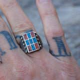 Vintage Sterling Crushed Turquoise and Coral Inlay Ring 8.25