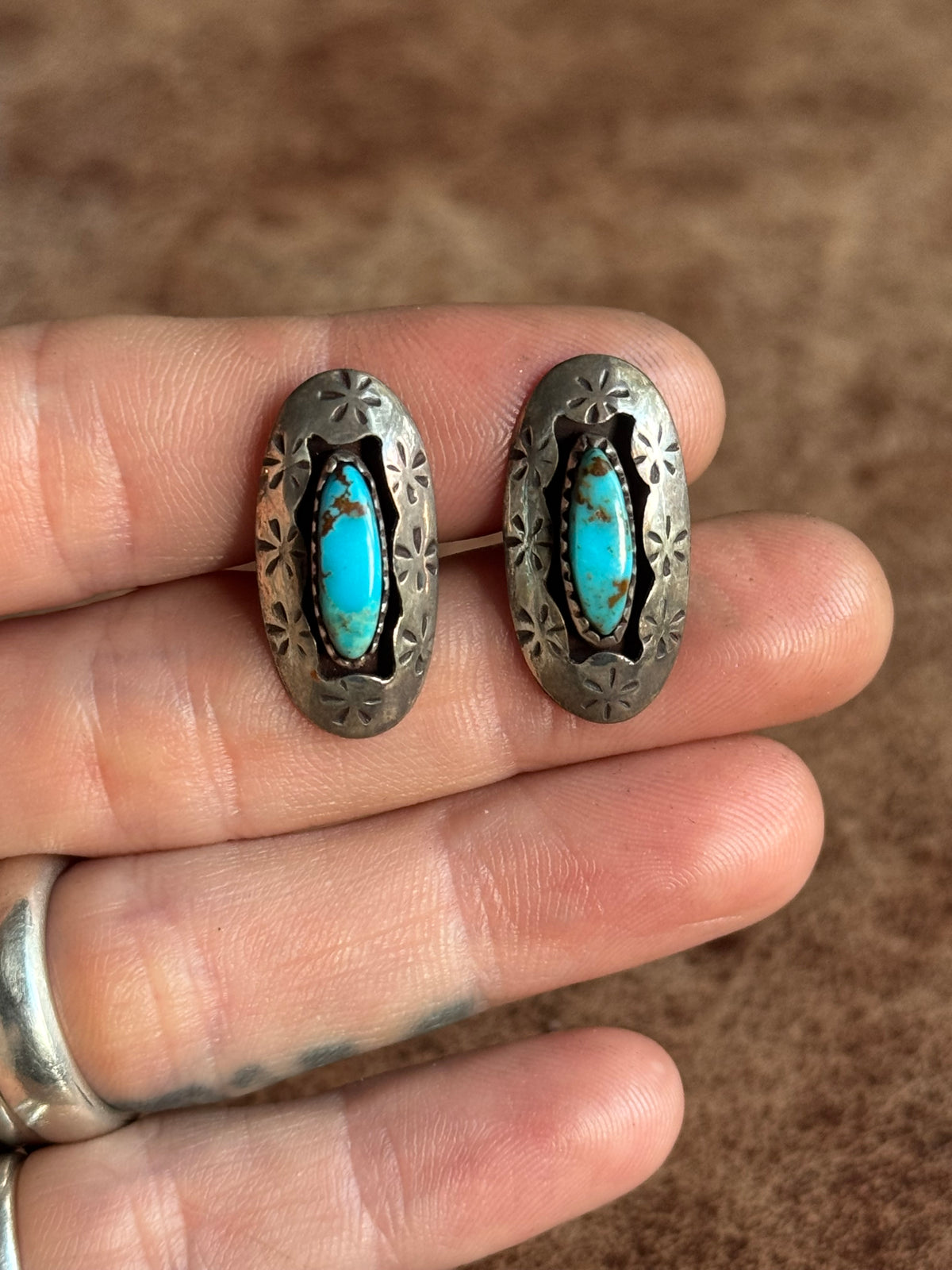 Vintage Sterling Silver Stamped Turquoise Shadowbox Cufflinks