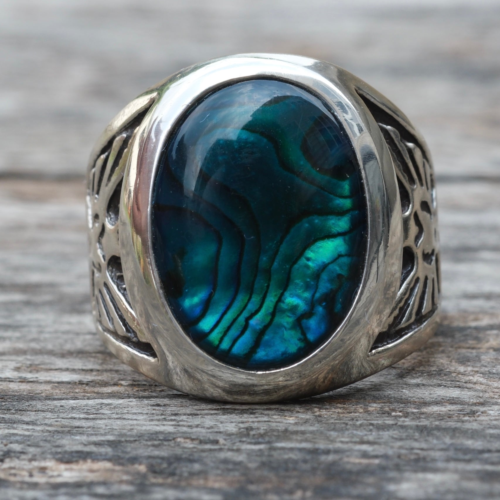 Vintage Sterling Blue Abalone Thunderbird Ring 8.75