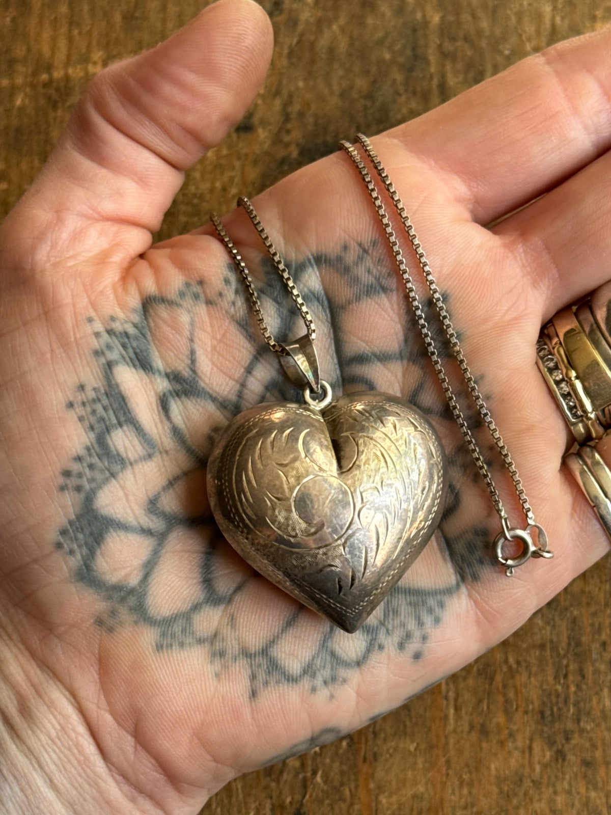 Vintage Sterling Silver Etched Puffy Heart Necklace
