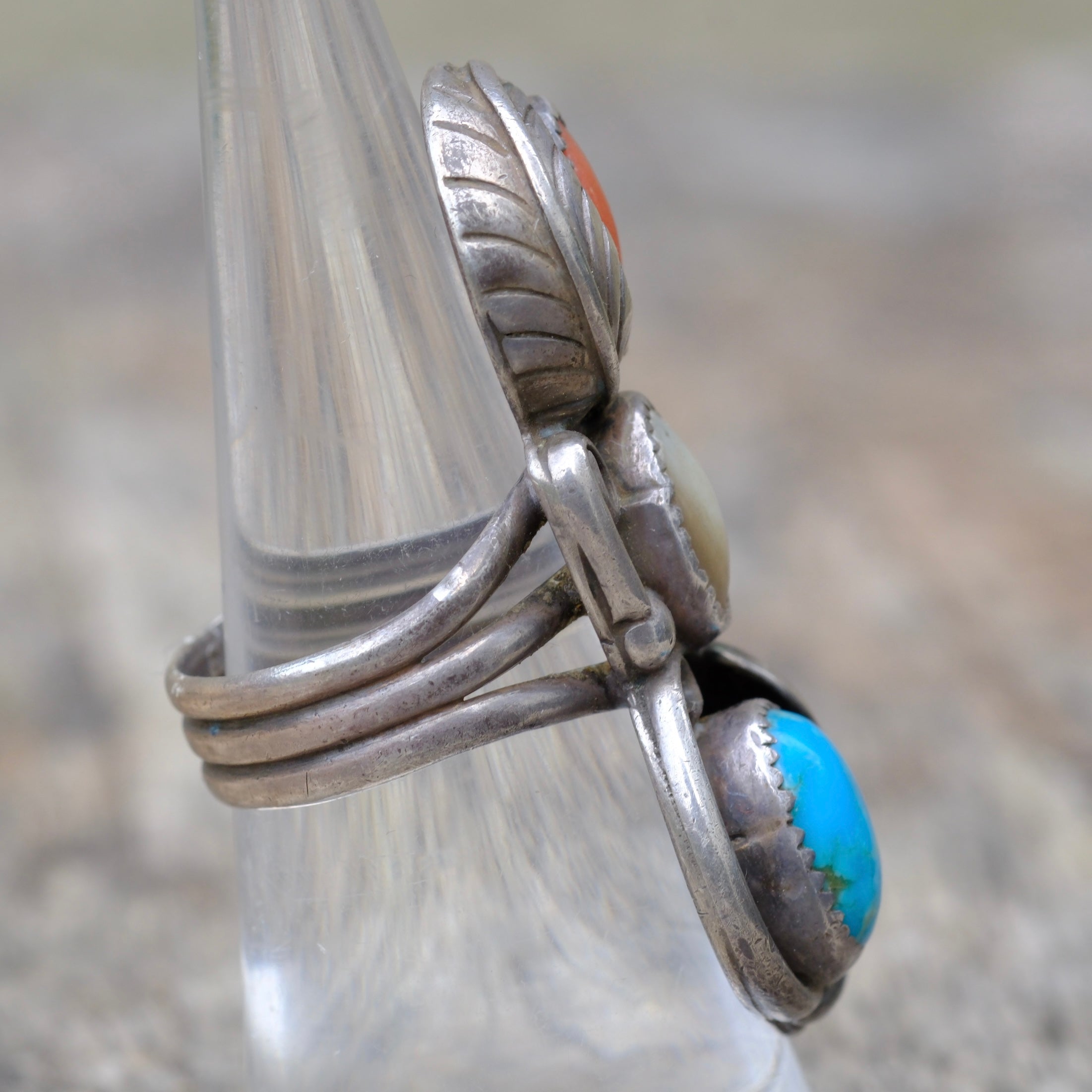 Vintage Sterling Turquoise Coral and Turquoise Feather Ring 7.25