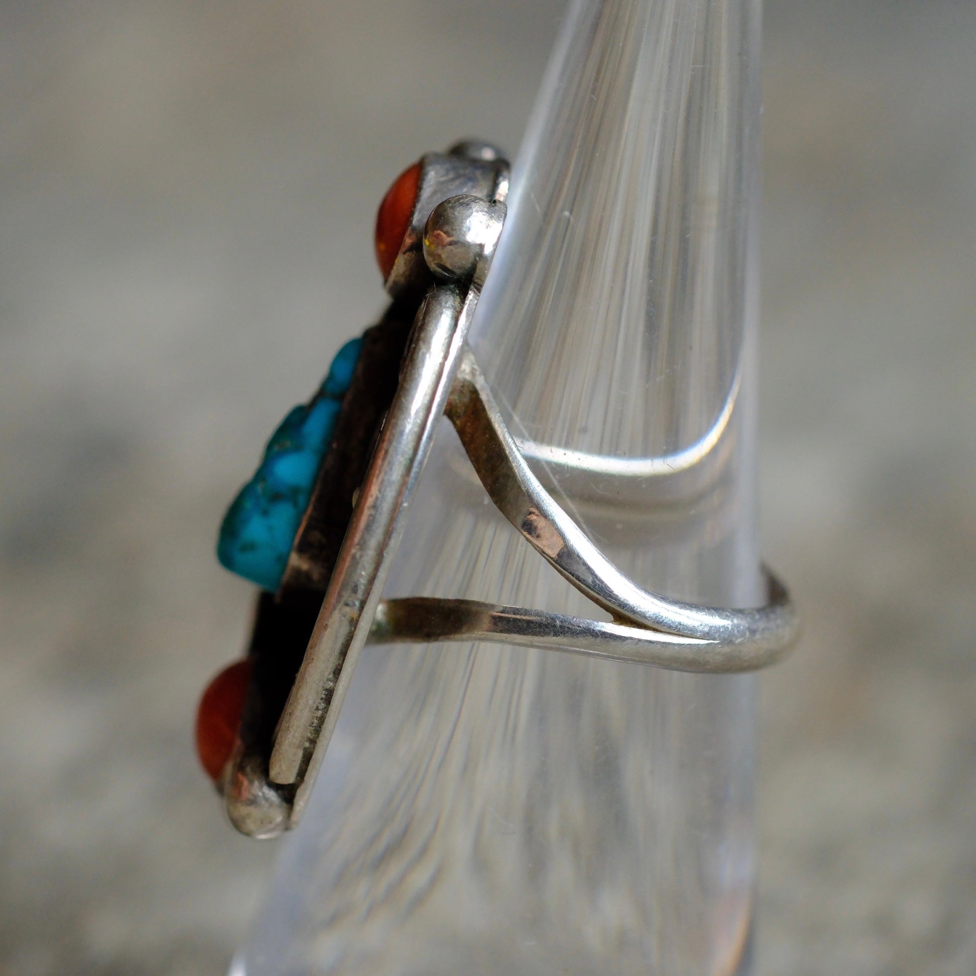 Vintage Sterling Turquoise and Coral Feather Ring 6