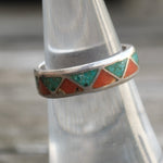 Vintage Sterling Crushed Turquoise and Coral Inlay Band 6.5