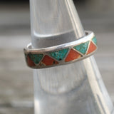 Vintage Sterling Crushed Turquoise and Coral Inlay Band 6.5