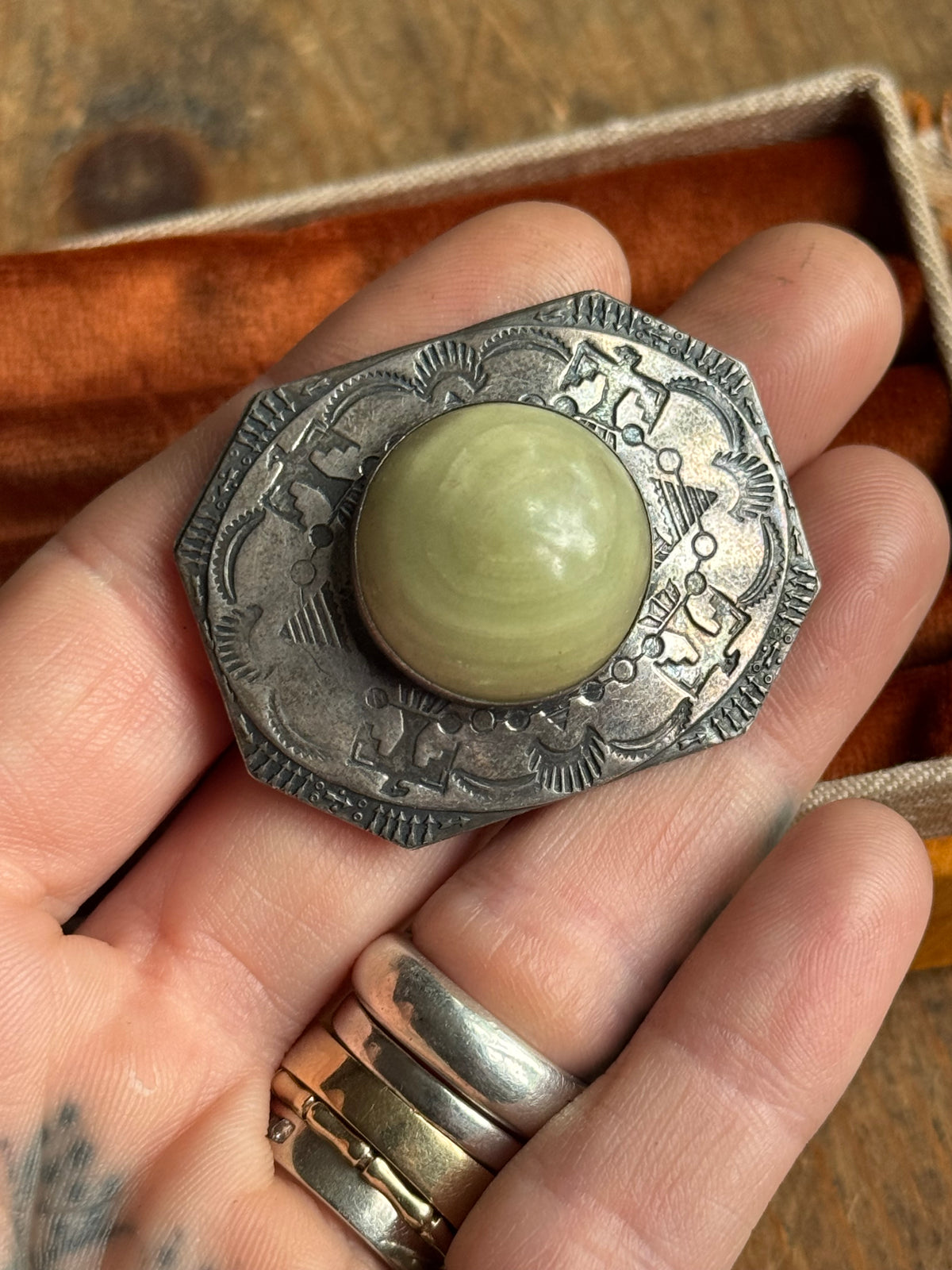 Vintage Sterling Silver Jasper Stamped Thunderbird Pin