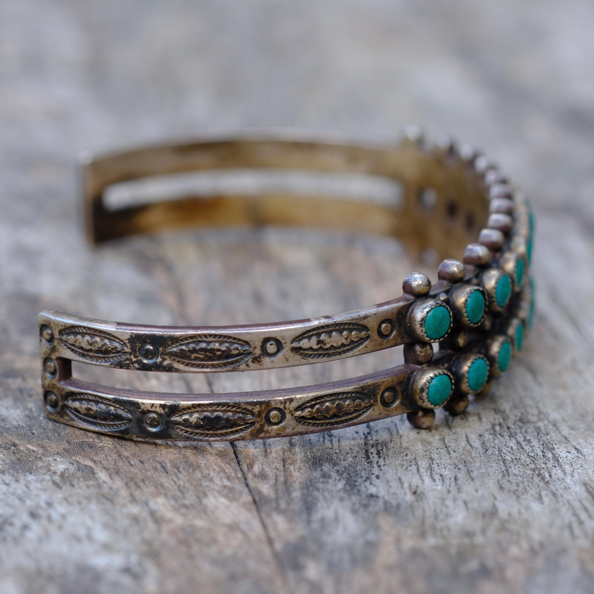 Vintage Sterling Snake Eye Turquoise Double Row Stamped Cuff Bracelet